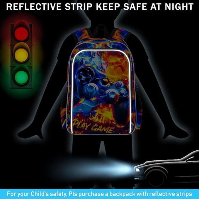 KLFVB 3PCS Bookbag for Boys, 17" Boys Game Backpack and Lunch Box, Water Resistant Teenagers Backpacks for Middle Elementary - Flame Game