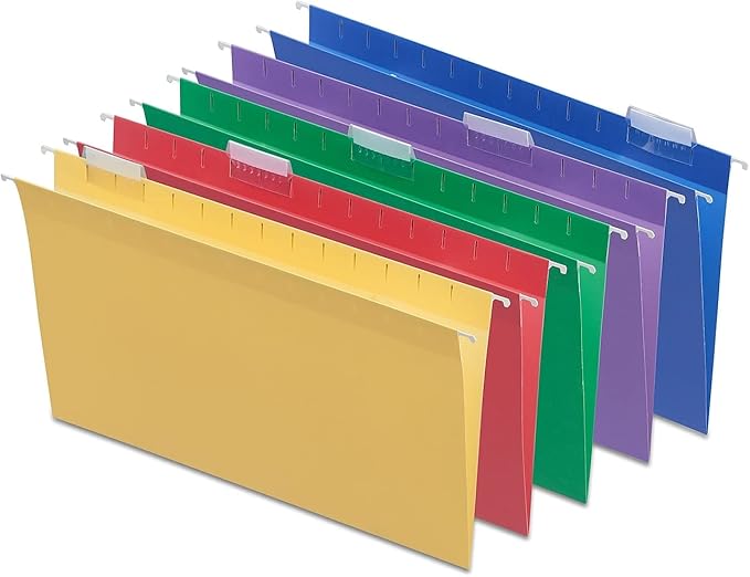 Staples Heavy‑Duty Hanging File Folders, Legal Size (8 ½" x 14" Document Size), 1/5‑Cut Tabs, Assorted Colors, Tear‑Resistant Construction – 25/Box