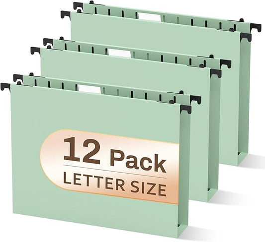 12 Pack 2 Inch Expansion Letter Size Hanging File Folders, Green File Folders Hanging, Hanging Folder with Adjustable Tab, Extra Capacity Filing Folders Hanging for School Classroom, Office Supplies