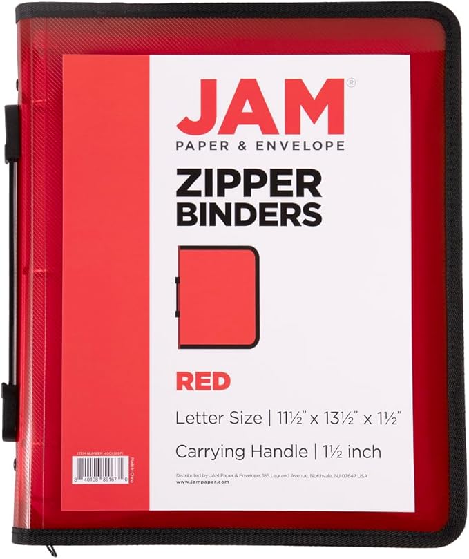 JAM PAPER Plastic Zipper 1.5 inch Binder - Red 3 Ring Binder - Sold Individually