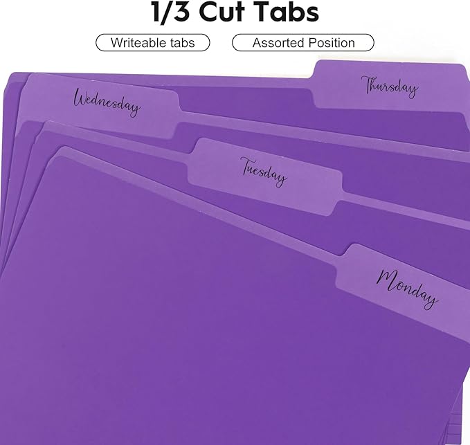 100-Pack Color File Folders, 1/3 Cut Tab, Letter Size Manilla Folder for School/Office/Classroom, Purple