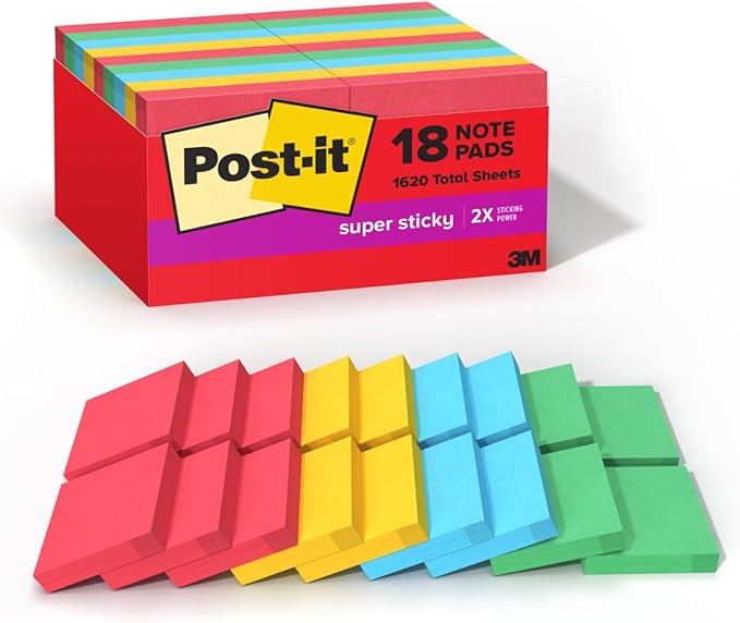 Post-it Super Sticky Notes, 18 Sticky Note Pads, 1.875 x 1.875 in., Back to School Supplies and Office Products, Ideal for Textbooks, Notebooks, and Vertical Surfaces, Playful Primaries Collection