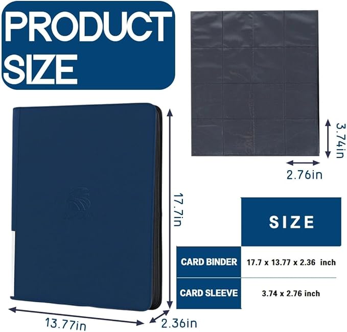 16 Pocket Trading Card Binder,Zipper Card Holder Album Holds up to 1408 Cards with 44 Sleeves, Label Design，Card Collection Binder for TCG Card/Game Cards/Sports Card -Blue