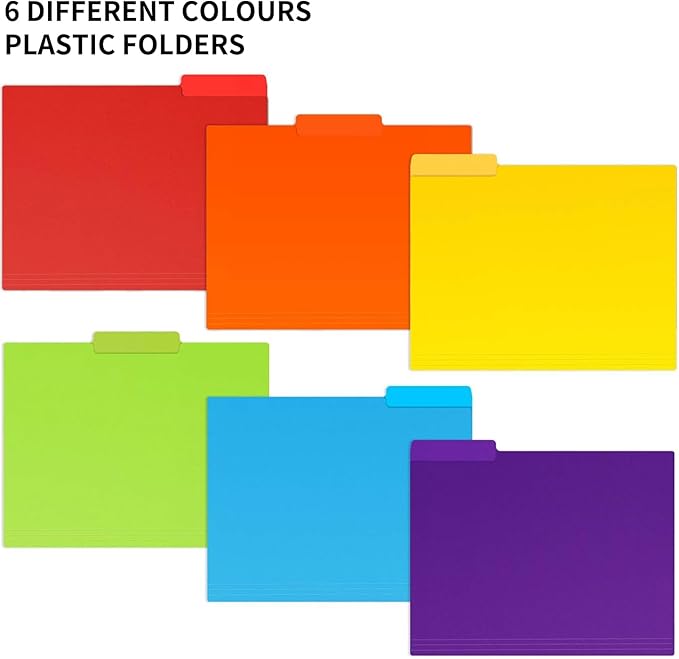 EOOUT 30pcs Colored File Folders, 9'' x 11.6'' Manilla Folders, Plastic File Folders, 3 Tab Poly Folder, 6 Colors with 40pcs Erasable Category Labels, for School and Office Supplies