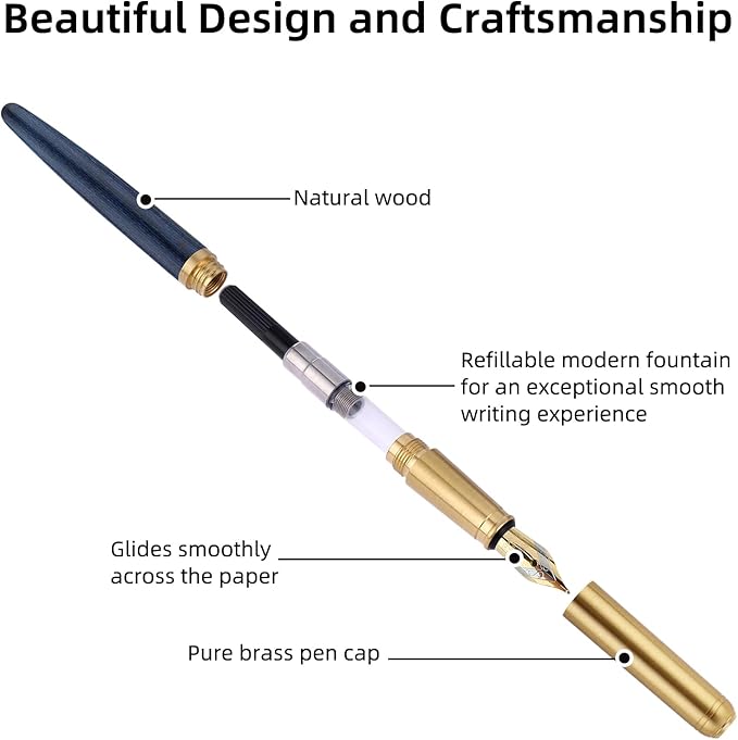 cobee Wooden Fountain Pen, Handcrafted Vintage Luxury 0.5mm Fine Point Business Pen for Smooth Writing, Journaling, Calligraphy Gift Supplies (Blue)