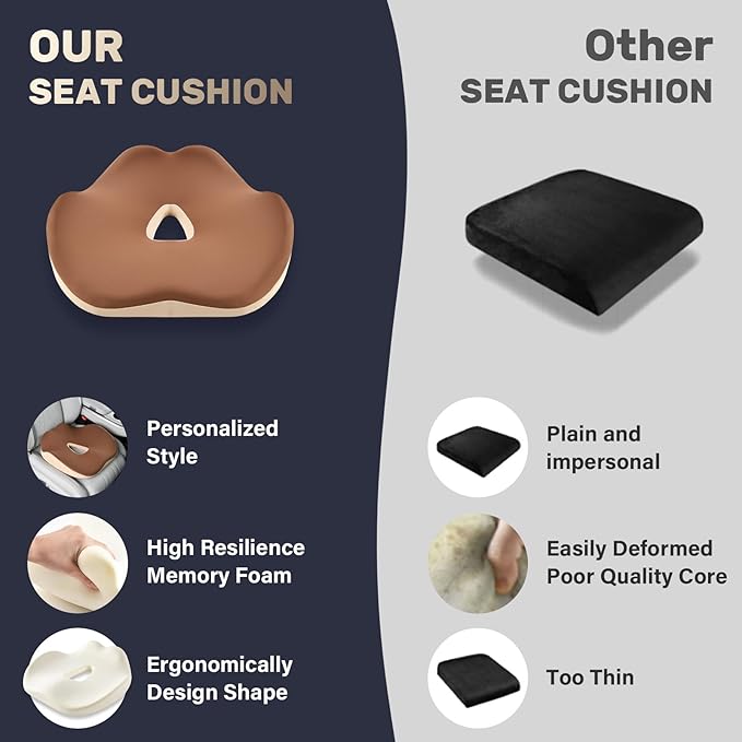 Coverado Car Seat Cushion with Memory Foam, Ergonomic Driving Seat Cushion Back Pain Relief, Thickness: 4.31 inches Non-Slip Washable Cushion for Car, Driver, Office, Wheelchair