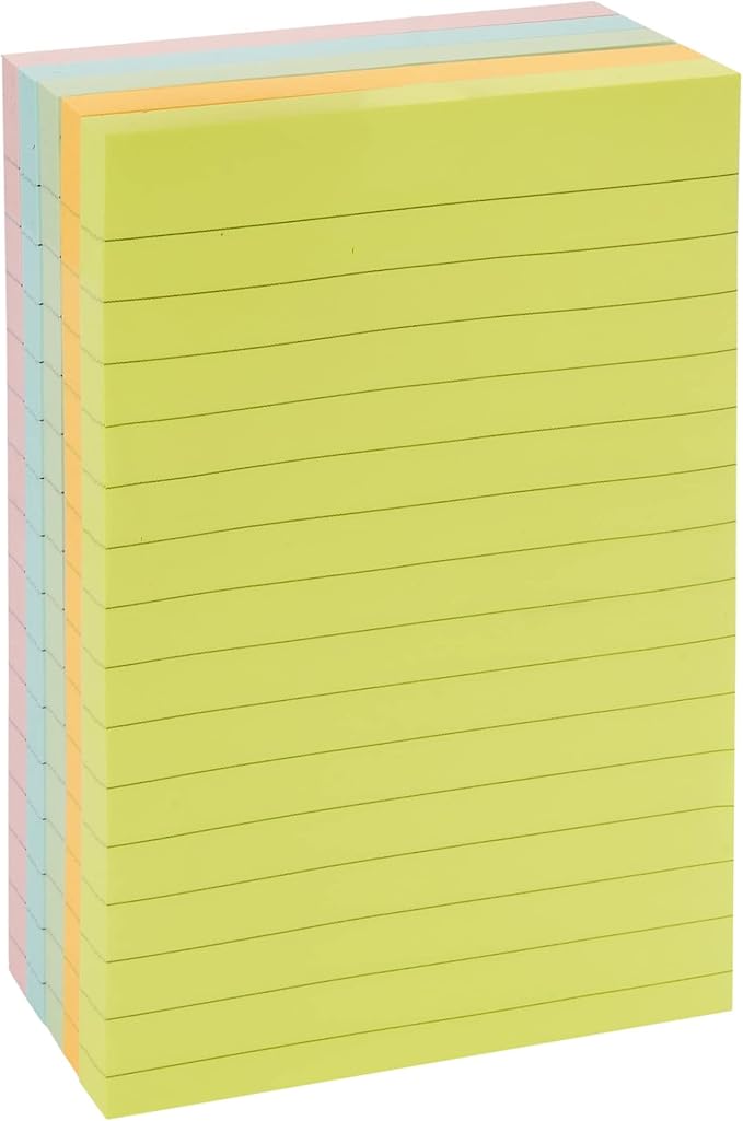 Amazon Basics Lined Sticky Notes, 4x6" Self-Stick Pads with Clean Removal Adhesive for To Do List, Home, Office, Notebook, Assorted Colors, 100 Sheets/Pad, Pack of 5