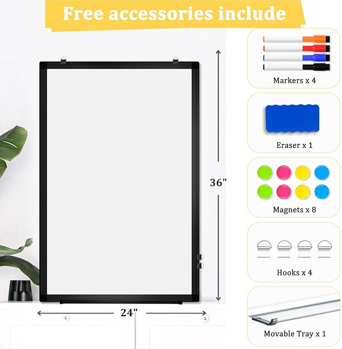 Double-Sided Magnetic Whiteboard, 36" x 24" Dry Erase Board Black Aluminum Frame for Wall, White Board Dry Erase Marker Board for Kitchen, Memo, School, Home, Office