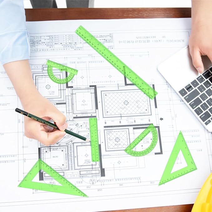 Plastic Clear Ruler Math Set, 6" | 12" Straight Ruler Protractor, 2 Protractors 180 Degree 2 Triangle Rulers 45 | 60 Degree 2 Straight Rulers Measuring Tool for School Office Home Supplie,Green