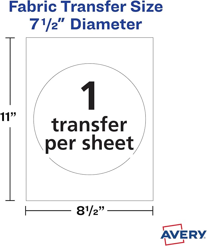 Avery Light Transfer Paper for T-Shirts, 7.5" Diameter Pre Die-Cut Iron-On Circle Transfers, Print-to-the-Edge, 6 Sheets of Heat Transfer Paper, 6 Total (02237)