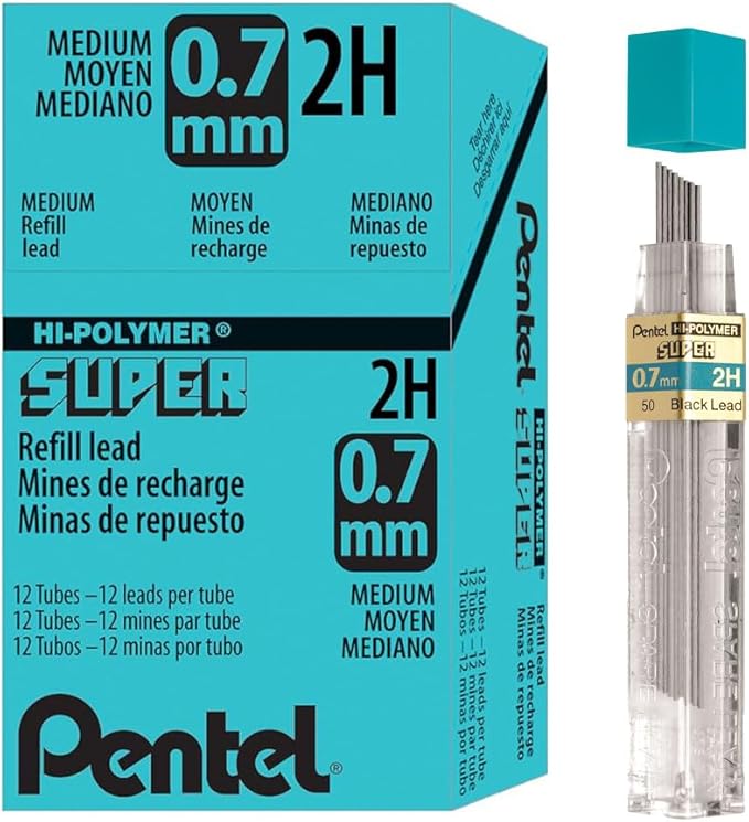 Pentel Super Hi-Polymer Lead Refill, (0.7mm) Medium, 2H, 144 Pieces of Lead, 12 Tubes of Lead (50-2H)
