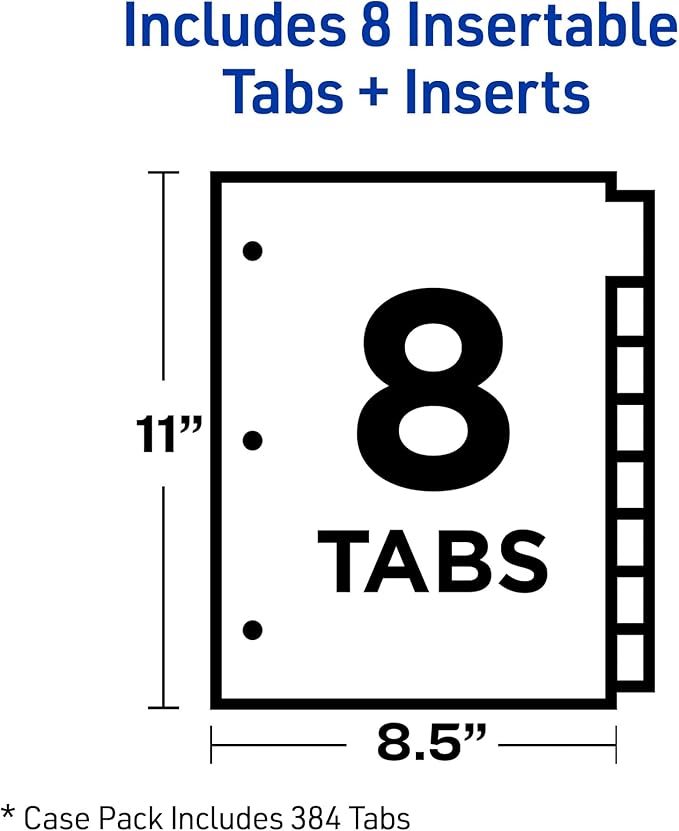 Avery Insertable Dividers for 3 Ring Binders, 8 Tabs per Set, Multicolor Big Tabs, Buff Paper with Gold-Reinforced Holes, Great for Organizing Reports, Projects, and More (48 Sets of 11111)