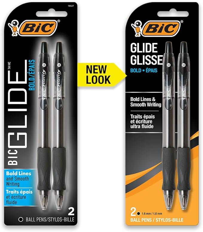 BIC Glide Bold Black Ballpoint Pens, Bold Point (1.6mm), 2-Count Pack, Retractable Ballpoint Pens With Comfortable Full Grip