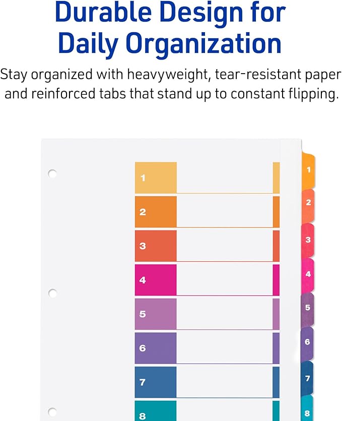 Avery Extra-Wide Dividers for 3 Ring Binders, 8 Tabs per Set, Customizable Table of Contents, Multicolor Tabs, Works Great with Sheet Protectors (11163)