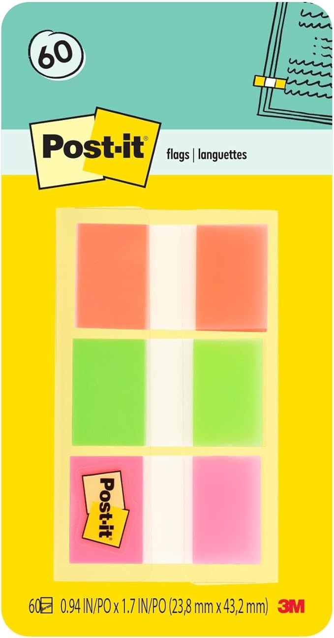 Post-it Flags, 60/On-the-Go Dispenser, 1 Dispenser/Pack, 1 in Wide, Orange, Lime, Pink (680-OLP)