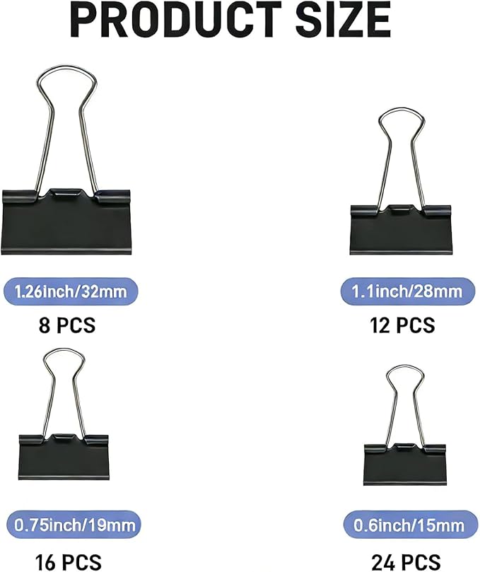 60PCS Black Binder Clips Assorted Sizes, 4 Size Assortment-Includes Large, Medium, Small, Mini Metal Clips(1.26”, 1.1”, 0.75”, 0.6”), Heavy-Duty Metal Paper Clamps for Office & School Supplies