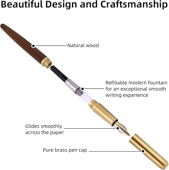 cobee Wooden Fountain Pens, Handcrafted Vintage Luxury Pen, 0.5mm Fine Point Business Pen, Smooth Writing for Journaling & Calligraphy, Brown