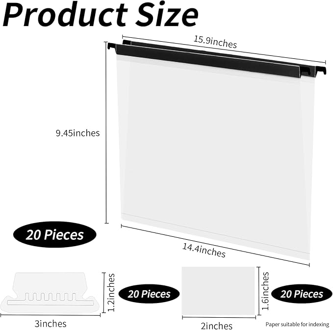 20 Pieces Clear Hanging File Folders Legal Size 9.5x14inch with Tabs and Inserts Poly Hanging Folders Transparent Hanging Document Folder Heavy Duty Filing Cabinet Folders for Medical Charts Office