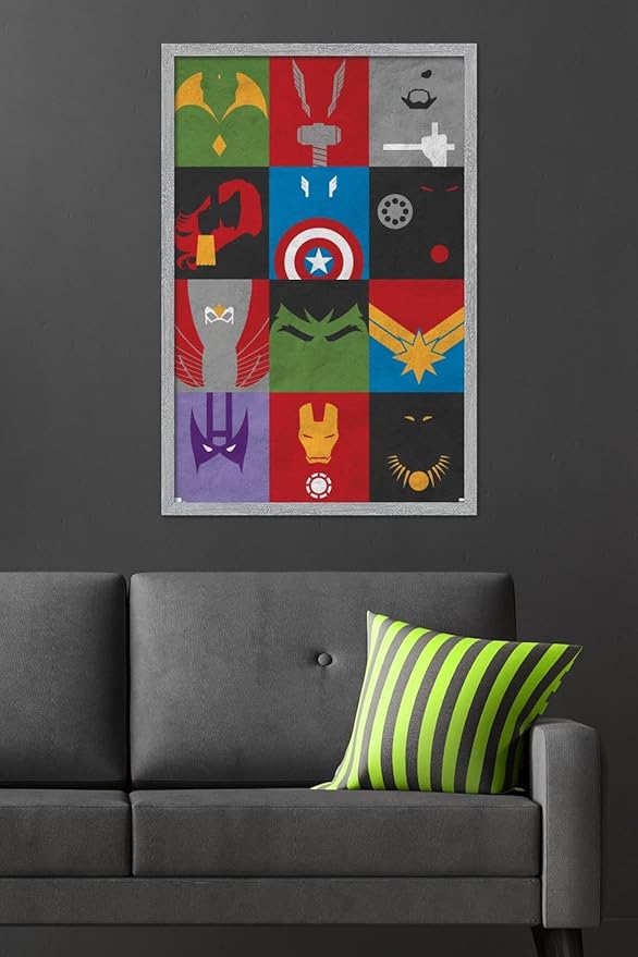 Marvel Comics Avengers - Minimalist Grid Wall Poster, 34L" x 22.4W", Gray Framed Version