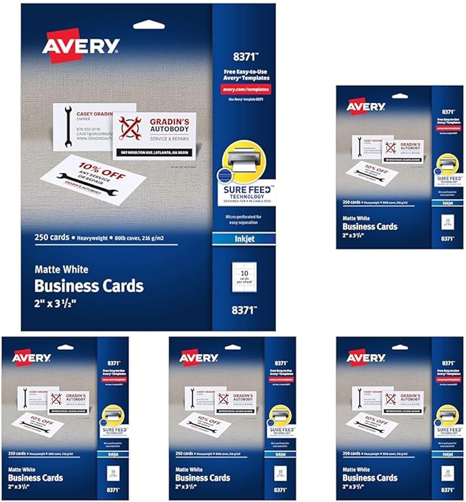 Avery Printable Business Cards with Sure Feed Technology,2" x 3.5",White,250 Blank Business Cards,Inkjet Printer Paper (08371),(Pack of 5)