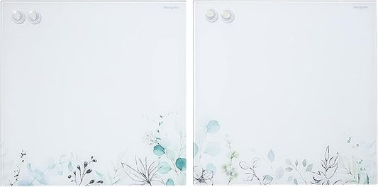 ECR4KIDS MessageStor Magnetic Dry-Erase Glass Board with Magnets, 17.5in x 17.5in, Wall-Mounted Whiteboard, Botanical, 2-Pack