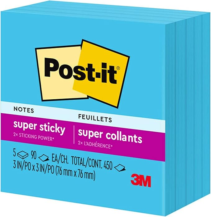 Post-it Super Sticky Notes, 5 Sticky Note Pads, 3 x 3 in., School Supplies, Office Products, for Vertical Surfaces, Monitors, Walls and Windows, Blue Paradise
