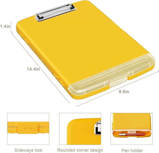 Piasoenc Clipboard with Storage, 8.5 x 11 Organization Box with Pen Holder and A4 Legal Paper Folder, Folio & Side-Opening, Low Profile Clip,for Nurses,Teachers, Size 14 x 9.6 x 1.2 in, Yellow