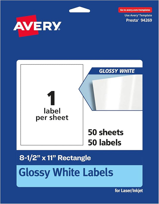 Avery Glossy White Rectangle Labels, 8.5" x 11", 50 Glossy White Labels, Permanent Adhesive, Laser/Inkjet Printable