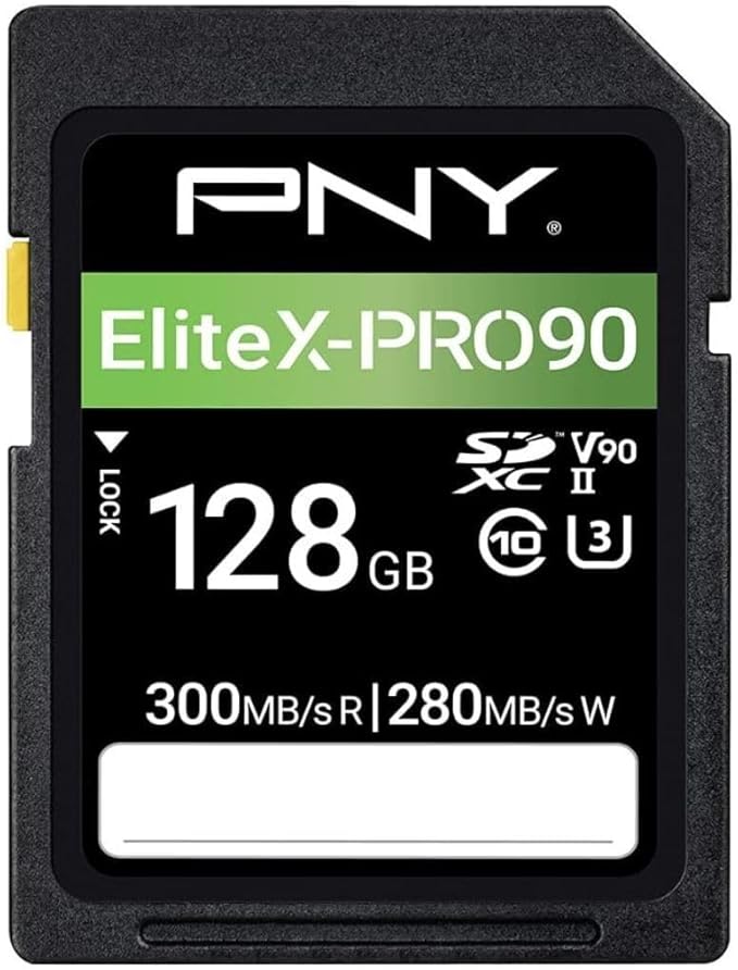 PNY 128GB EliteX-PRO90 UHS-II SDXC Memory Card – R300MB/s W280MB/s, U3, V90, 8K UHD, Full HD, UHS-II for Professional Photographers & Content Creators, DSLR, Mirrorless Cameras, Advanced Video Cameras