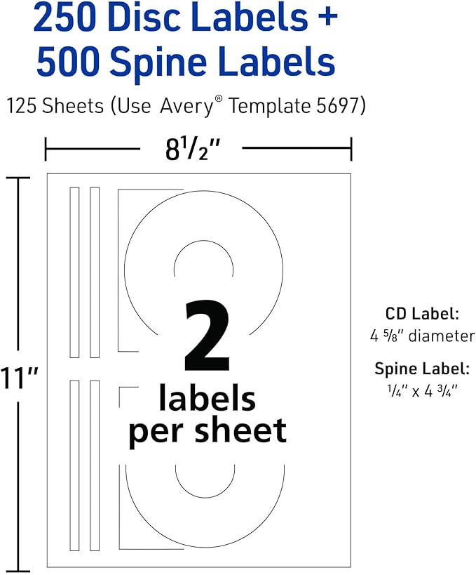 Avery Printable CD Labels, Matte White, Permanent Adhesive, Laser Printer Compatible, 250 Disc & 500 Spine Labels, Ideal for DVDs, PC Discs, Media Projects & More (5697)