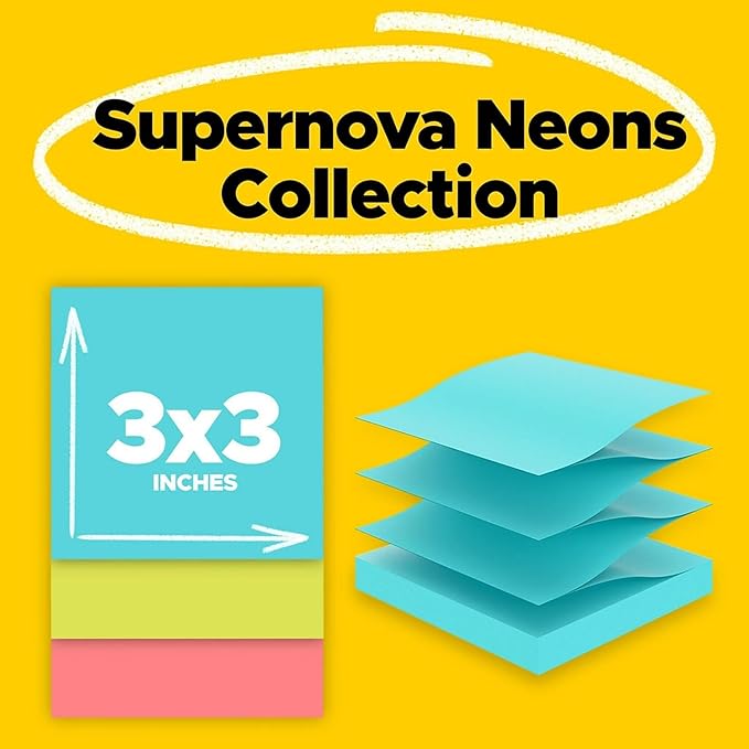 Post-it Super Sticky Pop-up Notes, 3-inch x 3-inch, Supernova Neons Collection, 90 Sheets/Pad, 18 Pads/Pack (R330-18SSMIACP)