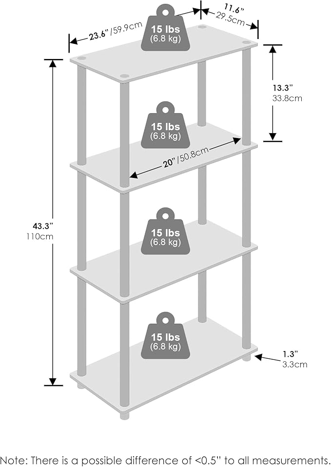 Furinno Turn-N-Tube Book Shelf, 4-Tier Bookshelf, Bookcase with Multipurpose Compact Display Rack, 11.6 x 23.6 x 43.2, for Living Room, Bedroom, Home Office, Americano/Black