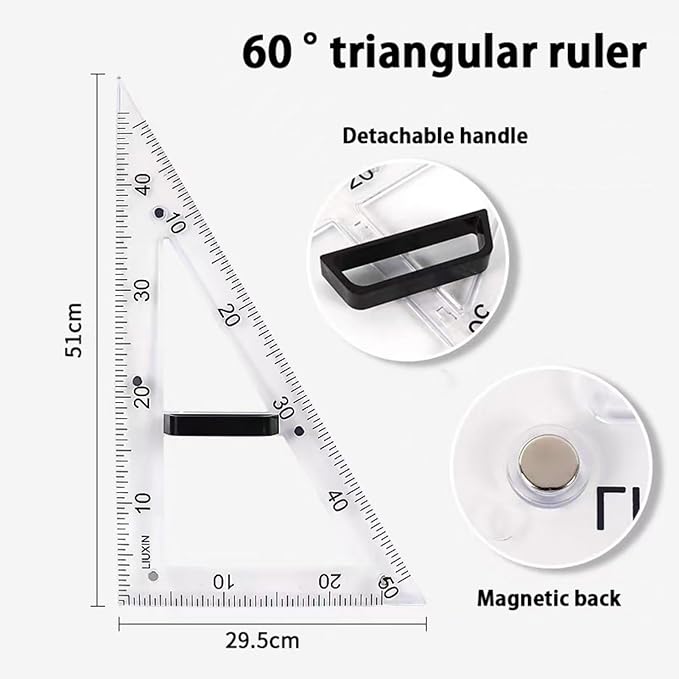 Magnetic Geometry Tool Set Clear Drafting Tools Mathematics Protractor, Triangular Scale Ruler Math Classroom Teaching Measurement Set Oversized Ruler (Transparent 4-Piece Set)