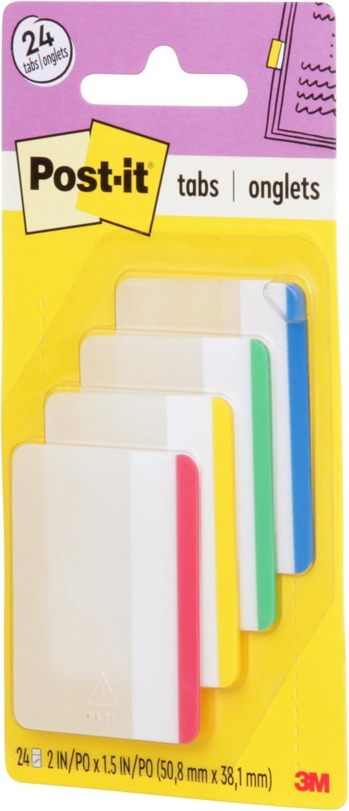 Post-it Tabs, 2 in, Lined, Assorted Primary Colors, 6 Tabs/Color, 4 Colors, 24 Tabs/Pack (686F-1)