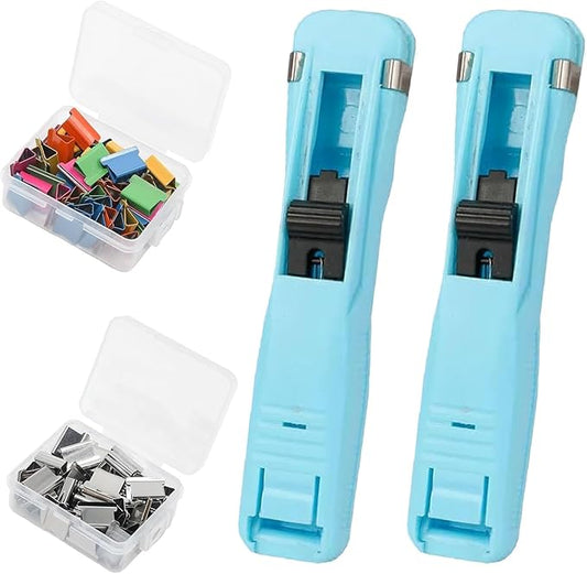 Portable Binder Clip Stapler, Includes 100 Reusable Clips, Handheld Paper Clam Clip Dispenser Large Size, Mini Push Stapler Clamp Staplers for Desktop Document Home School Desk Office(Blue*2)