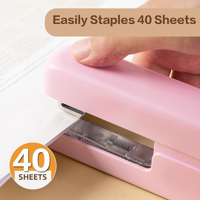 deli Stapler, Desktop Staplers with Integrated Staple Remover, 45 Sheet Capacity Office Stapler, Pink