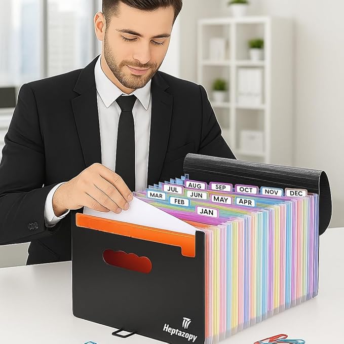 Plastic Accordion File Organizer, 26 Pockets Expandable File Folder Organizer, A4 Letter Size Filing Organizer with Colorful Tabs, Elastic Cord, 60 Paper Clip, Label & Stickers for Office School Home