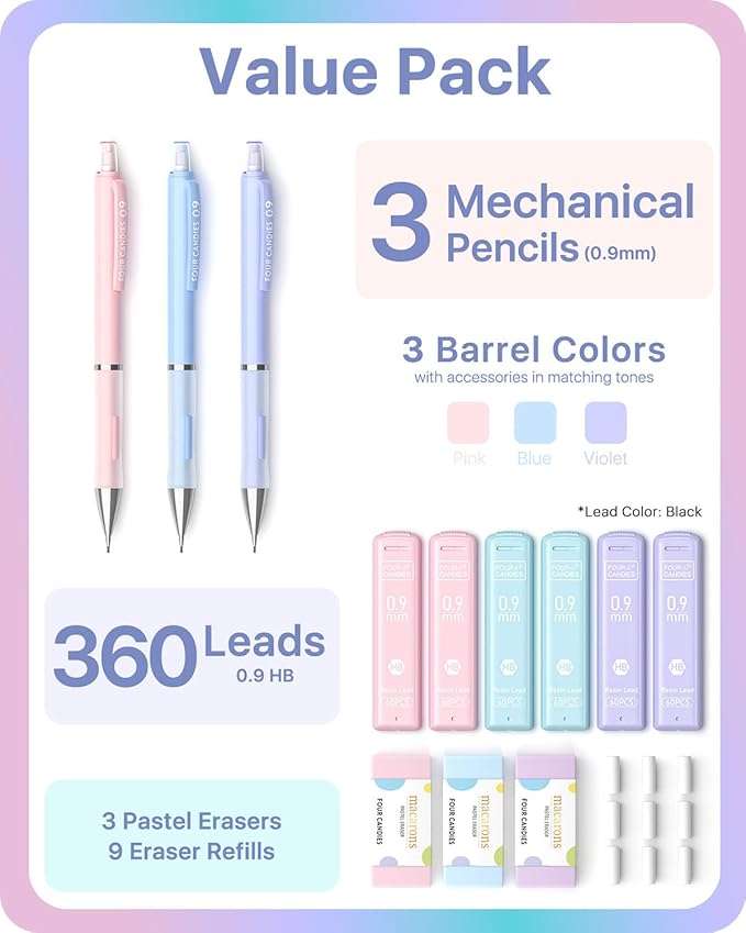Four Candies Cute Mechanical Pencils 0.9 mm, Pencil Set with 360PCS Lead Refills & Pastel Erasers, School Supplies with Case