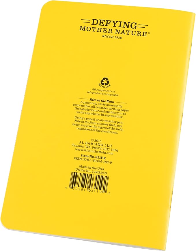 Rite in the Rain All-Weather Stapled Notebook, 4 5/8" x 7", Yellow Cover, Level Pattern, 3 Pack (No. 311FX)