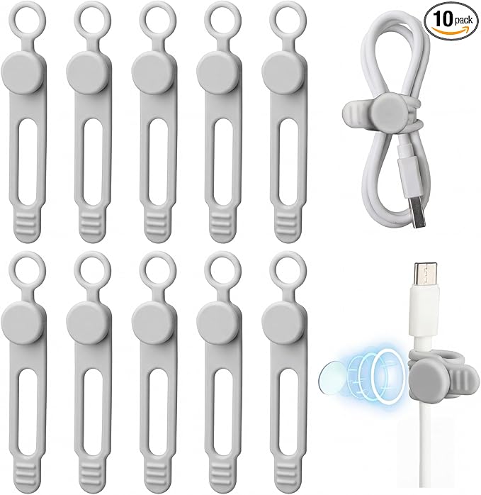 Geelin 10 Pack Magnetic Silicone Cable Ties bulk Reusable Cable Organizer Straps for Cord Management Magnetic Wire Ties for USB Cables Headphones Charger Cords Curtain Towel Straps(Gray)