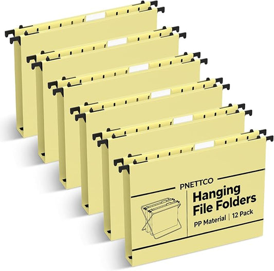 Extra Capacity Plastic Hanging File Folder, 12 Pack Reinforced Hang Folders Letter Size, Heavy Duty 1 Inch Expansion Filing Cabinet Folders, for Bulk Files, Medical Charts, Cream Yellow