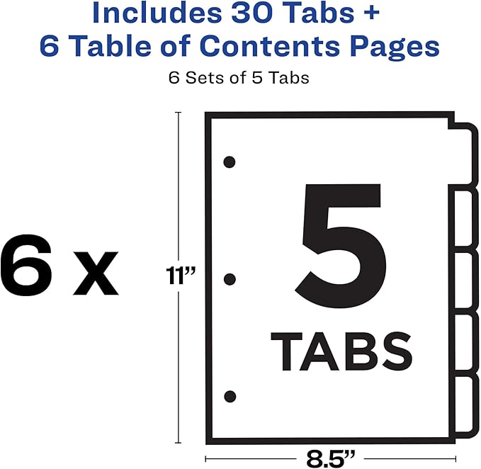 Avery Dividers for 3 Ring Binders, 5 Tabs per Set, Customizable Table of Contents, Classic White Tabs, Great for Organizing Reports, Projects, and More (6 Sets of 11821) (Pack of 12)