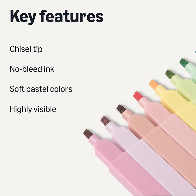 Amazon Basics Pastel Bible Highlighters Set, No Bleed, Chisel Tip, Soft Pastel Colors, 10 Count