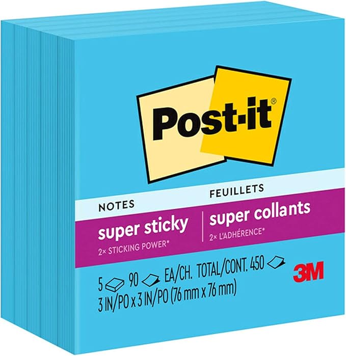 Post-it Super Sticky Notes, 5 Sticky Note Pads, 3 x 3 in., School Supplies, Office Products, for Vertical Surfaces, Monitors, Walls and Windows, Blue Paradise