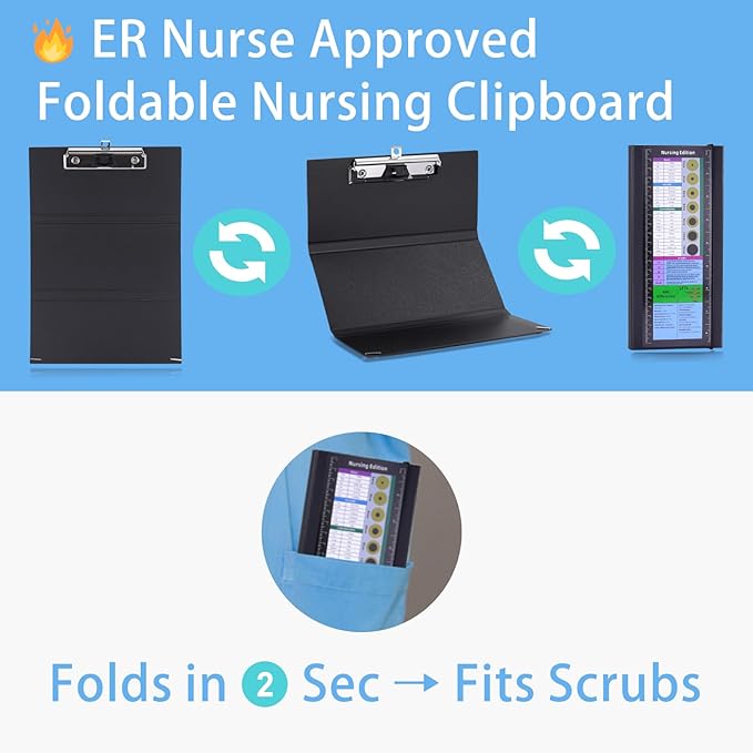 Foldable Nursing Clipboard with Cheat Sheets - 2-Pack Thick & Sturdy Medical Writing Board for Nurses, Nursing Students & CNAS | Portable Clipboard with Pen Holder & Ruler for Hospital Clinical Duty