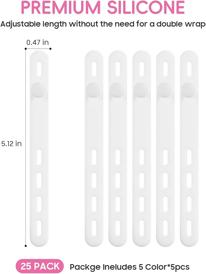 25Pack Silicone Cable Ties,Reusable Cord Organizer for Bundling Electrical Cords,Adjustable Data Cable Organizer Ties,High Elasticity Cable Straps for Home/Office/School/Travel(White)