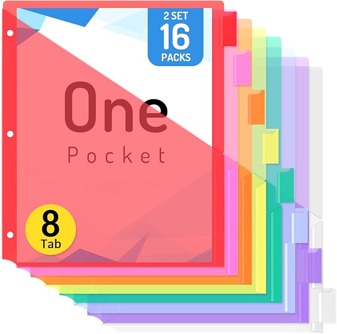 Forvencer 16 Count Dividers for 3 Ring Binder, Binder Dividers with Pocket for US Letter Size, Binder Dividers with Tabs for School Office and Home Organization, Multicolor, 2 Sets