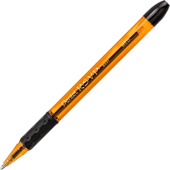 Pentel RSVP Razzle-Dazzle Ballpoint Pen, (1.0mm) Medium Line, Orange Barrel, Black Ink, Box of 12 (BK91RDF-A)