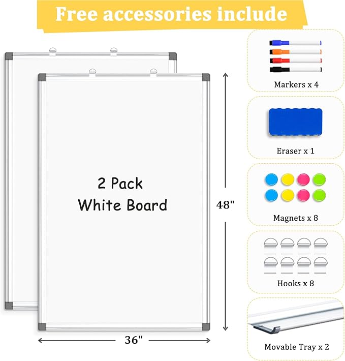 2 Pack Double-Sided Magnetic Whiteboard, 48" x 36" Dry Erase Board, Aluminum Frame White Board for Wall, Hanging Mounting White Board Dry Erase Marker Board for Office, School, Home