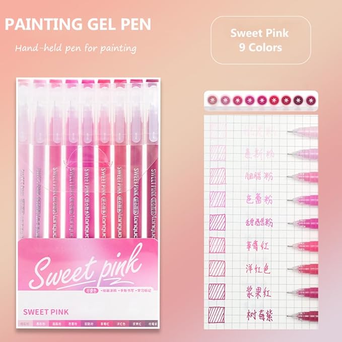 Gel Pens with Fine Point 0.6mm, 9 Colors Drawing Pencils for Adult Coloring Books Smooth Writing Pen Set for Journaling(Sweet Pink)
